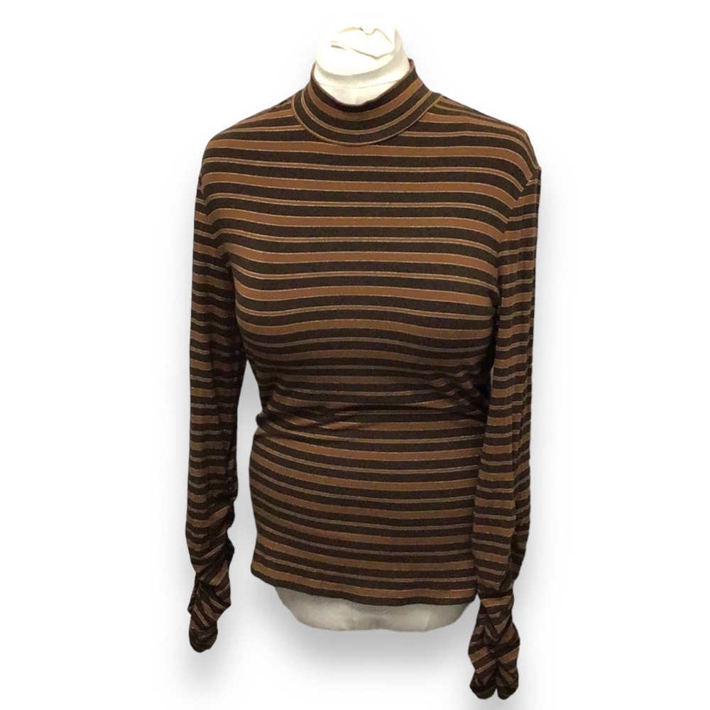 Yansi Fugel Brown & Tan Striped Mock Neck Long Sleeve Tee